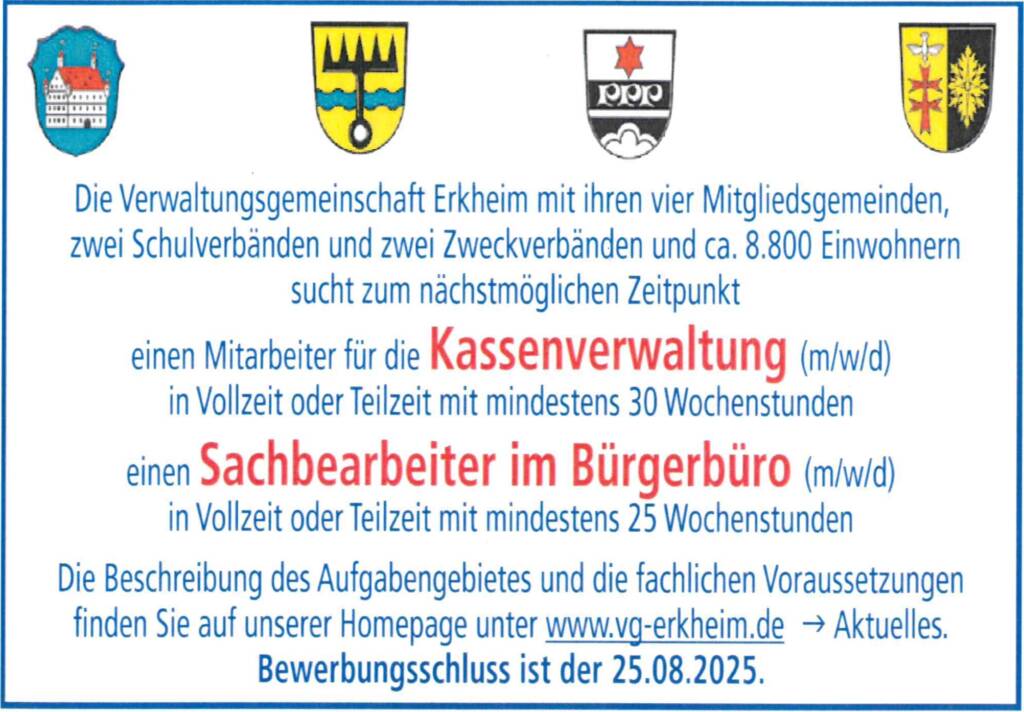 Stellenanzeige der Verwaltungsgemeinschaft Erkheim