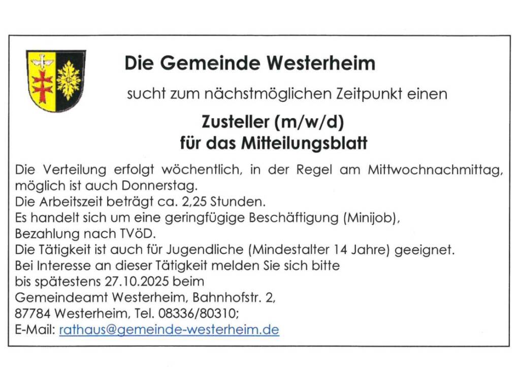 Stellenangebot: Zusteller Mitteilungsblatt (m/w/d)